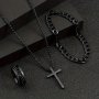 Men's Hip-Hop Style 3pcs Set: Cuban Link Necklace Bracelet & Ring - Zinc Alloy Cross Pendant - Perfect For Daily Wear & Gifts