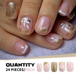 24-PIECE Glitter Golden French Manicure Nail Set Short Square Faux Nails With Leaf & Wave Line Accents Includes Jelly Glue & Nai