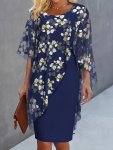 Floral Print Mesh Splicing Dress Elegant Half Sleeve Slim Dress For Spring & Fall Women's Clothing