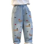 Kids Cute Jeans Embroidered Bowknot Dog Graphic Baby Girls Wide Leg Jeans Elastic High Waist Light Blue 5-6 Years