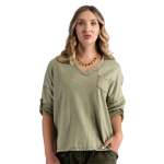 3 Button Detail Washed Top - Olive Free
