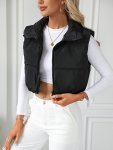 Zip Up Cropped Vest Coat Casual Solid Sleeveless Stand Collar Outerwear Women's Clothing