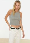 Strap Detail Crop Knit Top - Gray