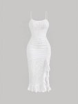 Ruffle Hem Solid Hollow Dress Casual Backless Spaghetti Strap Slim Cami Dress For Spring & Summer Women's Clothing Wedding Gradu