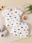 Baby Boys 2-PIECE Summer Outfit Set Fashionable Printed 'little Truck' Design Casual Short Sleeve Round Neck T-Shirt And Shorts 