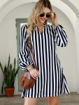 Striped Notched Neck Loose Dress Casual Long Sleeve Dress For Spring & Fall Women's Clothing