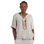 Embroidered Floral Border Linen Top - Stone L