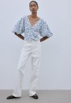 Linen-blend Blouse - White Blue Floral