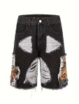 Men's Chic Embroidery Design Cotton Blend Ripped Loose Fit Jorts Street Style Summer Bottoms For Men