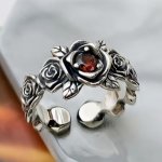 Handmade Silver Plated Adjustable Open Ring Vintage Gothic Style Enchanted Rose With Artificial Red Ruby Gems Hip Hop Fashion Ac