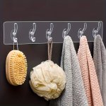 1PC Acrylic Transparent Row Hook Self-adhesive Hanging Hook 6-HOOK Traceless Wall Rack Hanging Clothes Towels Keys Miscellaneous