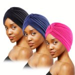 3-PIECE Set Women's Polyester Turban Hats - Elastic Knitted Muslim Headscarves Indian Style Cap No Feather 100% Polyester Compos