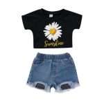 Ribbed Denim Net Shorts With Sunshine Crop Top 5-6Y