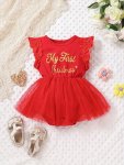 Baby Girls Cute My First Chrismas Letter Print Lace Flying Sleeve Dress Princess Mesh Skirt For Christmas Party