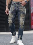 Gradient Ripped Design Cotton Blend Jeans Men's Casual Street Style Skinny Slim Denim Pants For Spring Summer