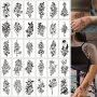 30PCS Waterproof Black Line Drawing Flowers Temporary Tattoo Stickers For Women Lasts 3-7 Days Perfect For Body Arm Shoulder Art