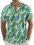 Jogal Men's Flower Casual Short Sleeve Aloha Hawaiian Shirt Blue Green Daisy XL