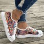 Women's Flower Print Canvas Sneakers Raw Trim Flat Low Top Skate Shoes Casual Lace Up Walking Trainers