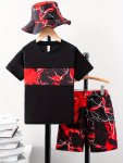 3PCS Boys Casual Lightning Graphic Print Short Sleeve T-Shirt & Shorts & Hat Set Comfy Summer Boys Clothes
