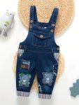 Baby Boys Girls Cartoon Bear Patchwork Denim Suspender Pants Comfort Fit Versatile Casual Overall Toddlers Spring Fall Playwear