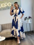 Graphic Print Button Front Belted Dress Elegant Lantern Sleeve Ruffle High-low Hem Dress For Spring & Summer Women's Clothing Fo