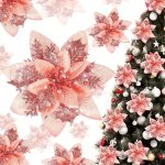 12-PACK Glitter Poinsettia Christmas Tree Ornaments - Artificial Poinsettia Flowers With Clips And Stems For Holiday Wreath Deco