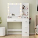 Jummico 39.3" Vanity Desk With LED Lighted Mirror &power Outlet Makeup Vanity Table With 4 Large Drawers And 3 Storage Shelves