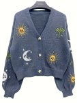 Sun & Moon Pattern Crop Knitted Cardigan Chic Button Front Lantern Sleeve Cardigan For Spring & Fall Women's Clothing
