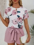 Elegant Shorts Set Floral Print Cut Out Blouse & Belted Solid Color Simple Shorts For Summer Women's Clothing