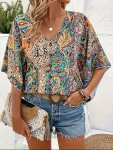 Paisley Print V-neck Button Blouse Elegant Short Sleeve Top For Spring & Summer Women's Clothing