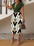 Geo Print Color Block Dress Elegant V Neck Short Sleeve Dress Women's Clothing