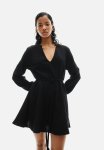 Tie-belt Balloon-sleeved Dress - Black