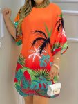 Coconut Tree Print Dress Vacation Crew Neck 3 4 Sleeve Dress Women's Clothing