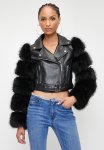 Sissy Boy Festival: Faux Leather Biker With Faux Fur Sleeve Combo Jacket - Black