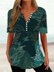 Leaf Print Button T-Shirt Casual V Neck Short Sleeve Top For Spring & Summer Women's Clothing