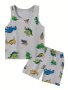 2PCS Dinosaur Full Graphic Print Boys Creative Sleeveless Tank Tops&shorts Set Casual Vest&shorts Boys Clothing