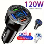 120W Car Charger Fast Charging 4 USB Digital Display Car Fast Charger 4-IN-1 Pd Mobile Phone Charging Head 7AQC3.0 Car Phone Ada