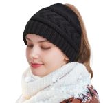 Pffy Ponytail Beanie Hat For Women Winter Warm Knit Beanies High Bun Hats Skull Cap Black Ponytail