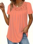 Plus Size Lace Stitching Pleated T-Shirt Casual Short Sleeve Top For Spring & Summer Women's Plus Size Clothing