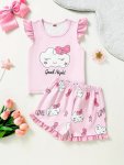2 Pcs Baby Girls Cute Pajama Sets Medium Stretch Print Short Vest & Shorts Fashion Design With Pink Cloud Pattern Print Comforta