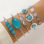 5PCS SET Retro Turquoise Inlaid Jewelry Bracelet Personality Ethnic Style Flower Feather Cuff Bracelet Bangle