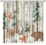 Fblifil Watercolor Forest Woodland Animals Curtain Birch Forest Fresh And Natural Fairy Tale Printed Rod Pocket Blackout Window