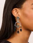 Silver Rose & Black Stones Drop Earrings