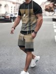2-PIECE Men's Color Blocked Summer Outfit Set Men's Short Sleeve Crew Neck T-Shirt & Elastic Waist Shorts With Pockets