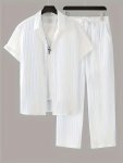 Men's 2-PIECE Cozy Loungewear New Style Short Sleeve Lapel Shirt Top + Trousers Home Sleepwear Fashion Striped Style Comfy Pajam