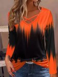 Tie Dye Print Cross Front V Neck T-Shirt Casual Long Sleeve Top For Spring & Fall Women's Clothing