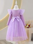 Elegant Tulle Hem Long Sleeve A-line Dress For Girls Spring & Fall Party Sweet Casual Dresses Gift