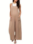 New Beige Flared Leg Lace-up Comfy Maternity Cargo Pants Elegant Suspenders