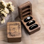 Mr & Mrs 3 Slot Ring Box Engraved Triple Wooden Ring Display Case Box For Wedding Ceremony Ring Bearer Upscale Anniversary Birth