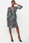 Flared Sleeve Wave Print Wrap Dress - Black & Grey